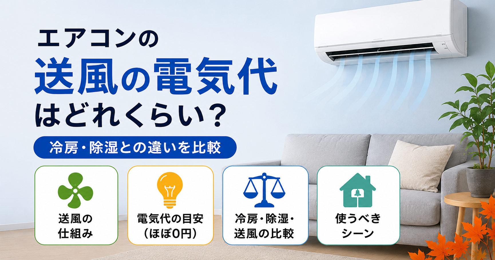 秋のエアコン「送風」は電気代いくら?冷房・除湿との違いを比較のイメージ図