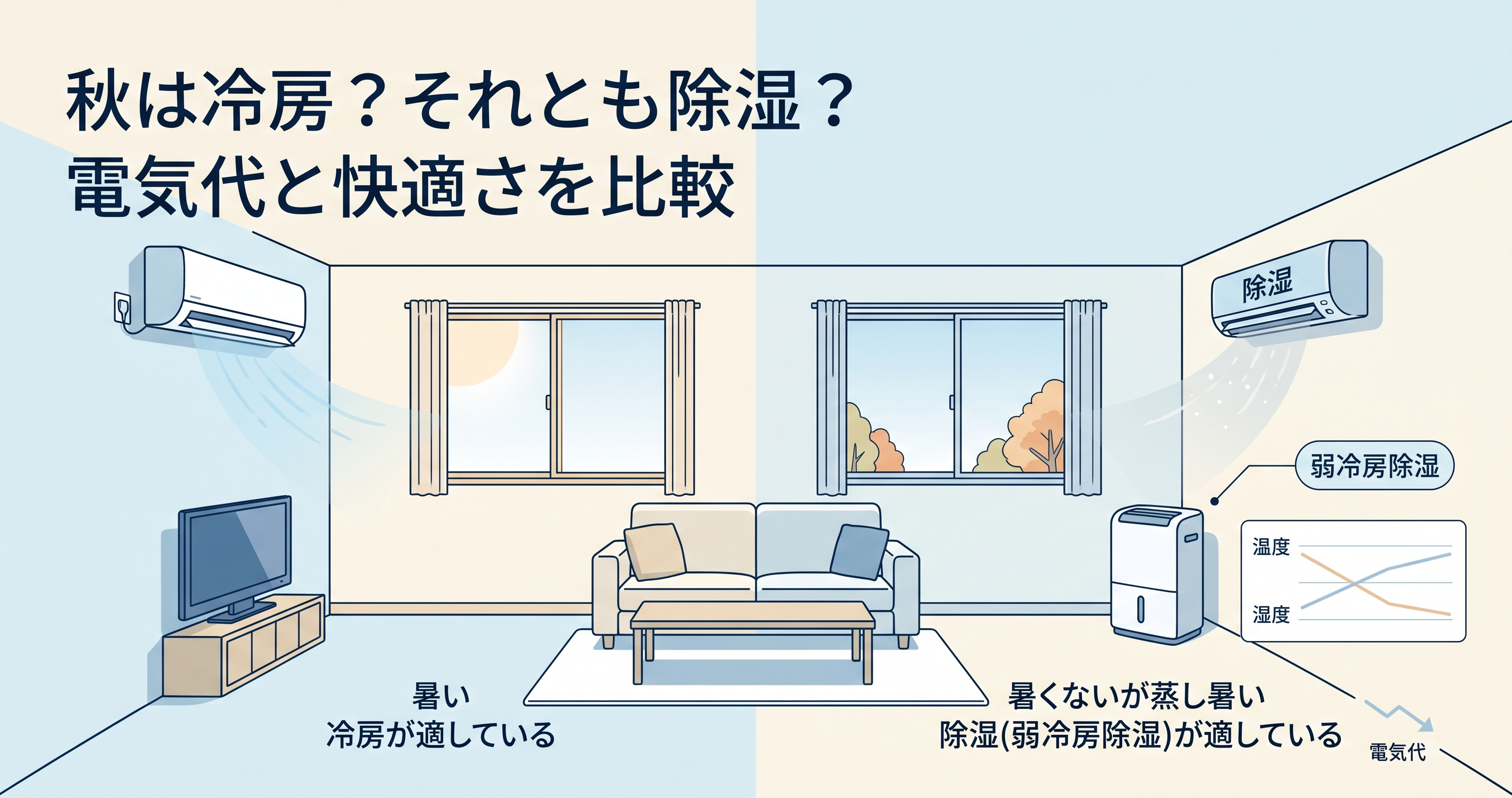 秋は冷房と除湿どっちが安い?電気代と快適さを比較のイメージ図