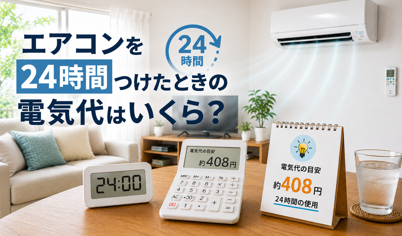 エアコンを24時間つけっぱなしにしたときの電気代のイメージ図