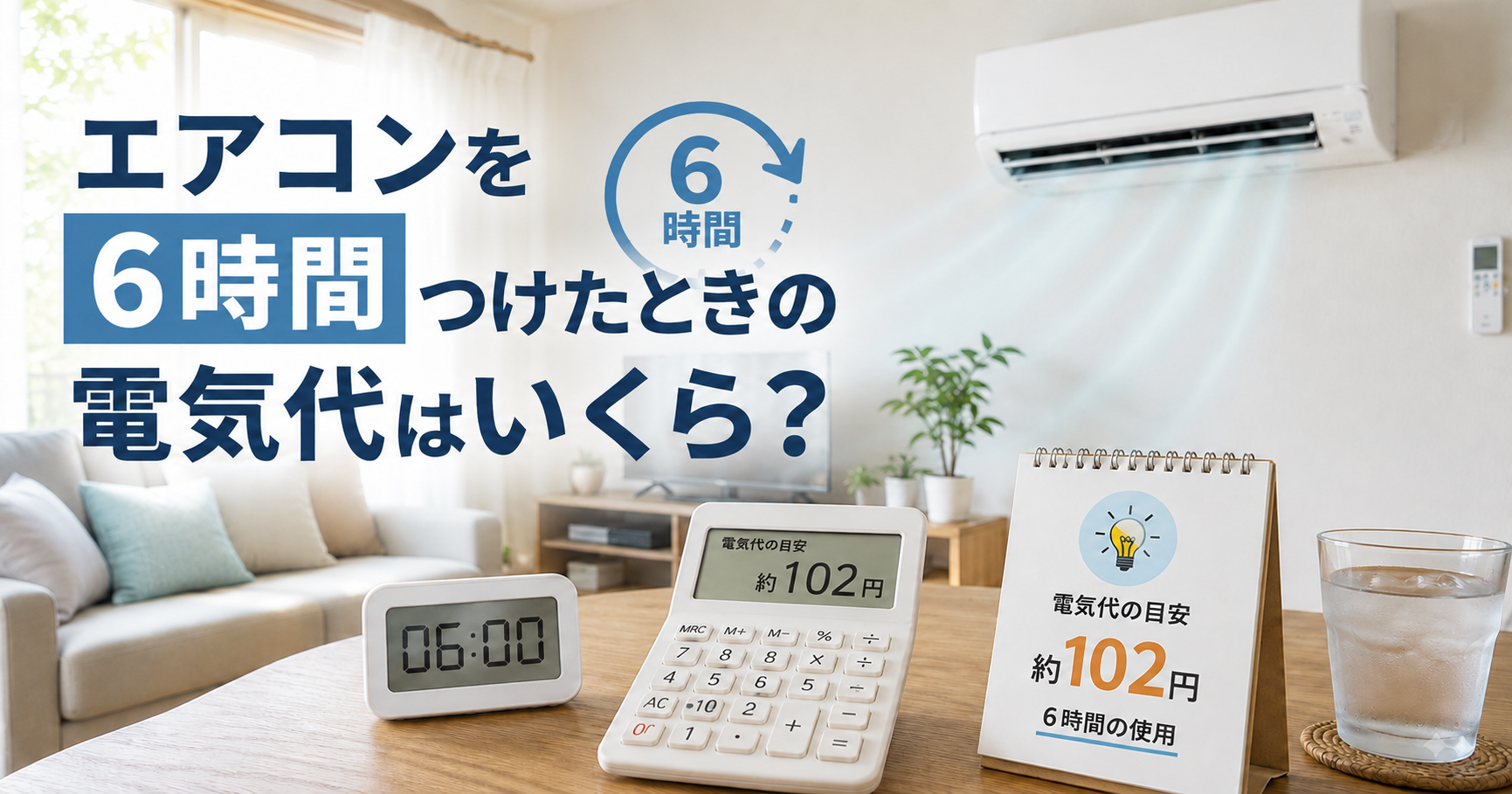 エアコンを6時間つけたときの電気代のイメージ図
