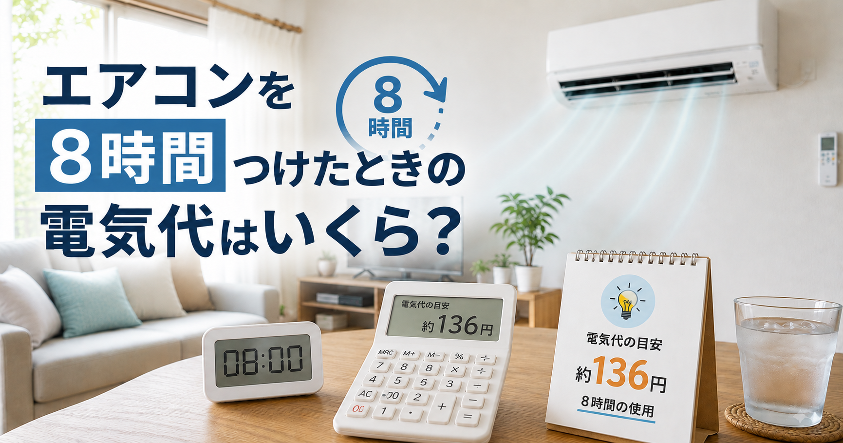 エアコンを8時間つけたときの電気代のイメージ図